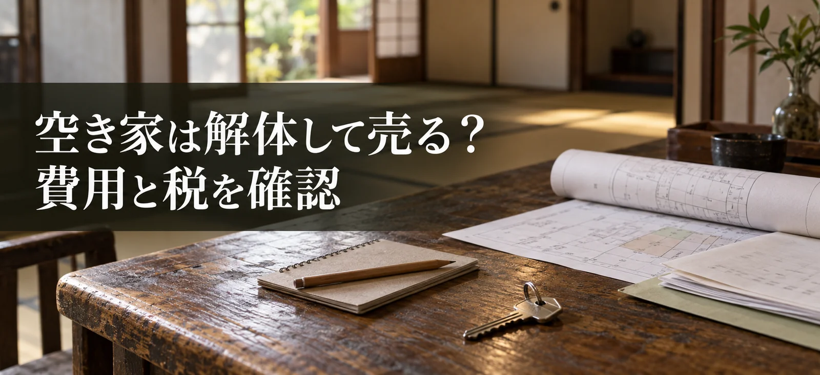 相続した空き家の解体と売却を考えるため、鍵と資料を並べた説明用イメージ画像。実際の取引物件ではありません
