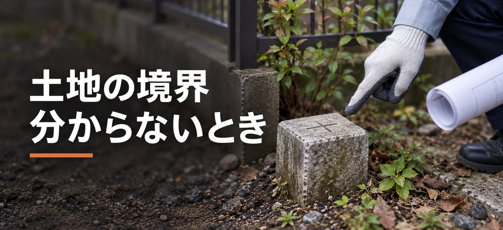 境界標と図面を確認する場面を表した説明用イメージ画像。実際の取引物件や測量現場ではありません